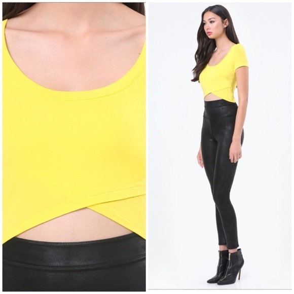 Yellow Crossover Cross Front Hem Crop Top Tee - Picture 2 of 4